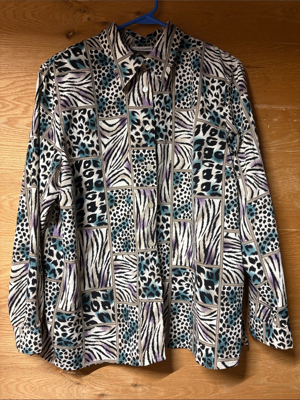 Alfred Dunner Vintage Animal Patterned Button-Up blouse in White, Black & Teal